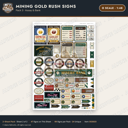 Alpine Railworks 30262O O Scale Mining Gold Rush Signs - Assay & Bank