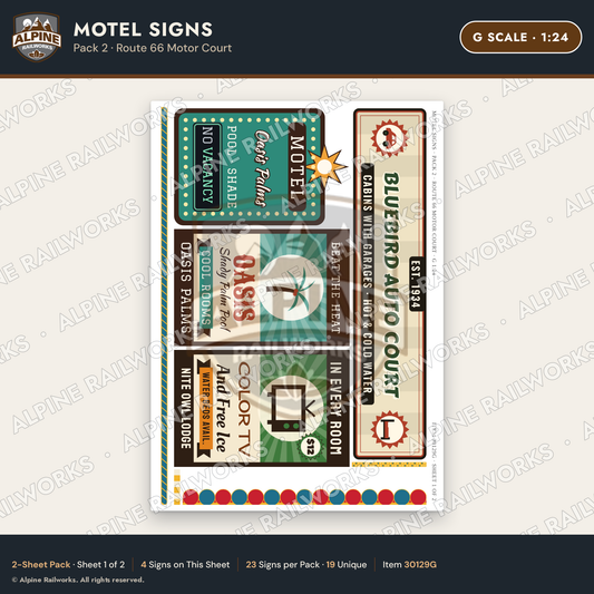 Alpine Railworks 30129G G Scale Motel Signs - Route 66 Motor Court