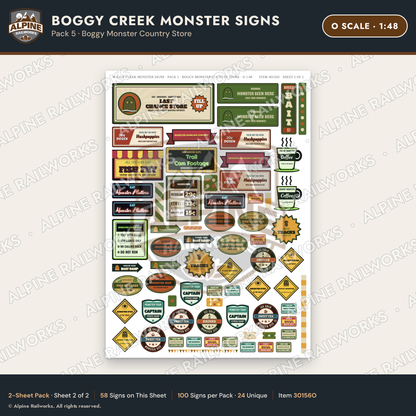 Alpine Railworks 30156O O Scale Boggy Creek Monster Signs