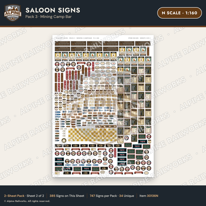 Alpine Railworks 30136N N Scale Saloon Signs - Mining Camp Bar