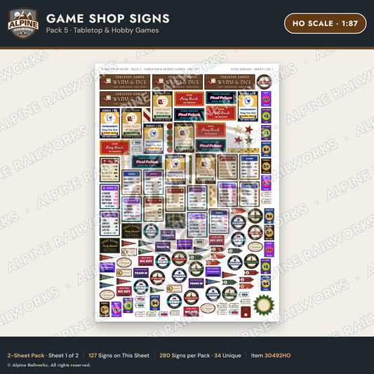 Alpine Railworks 30492HO HO Scale Game Shop Signs - Tabletop