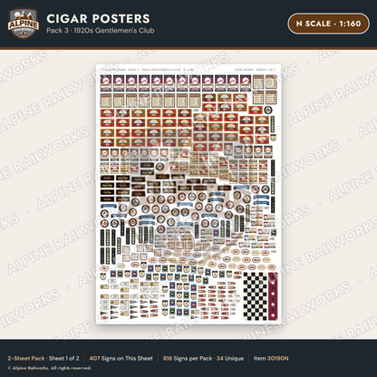 Alpine Railworks 30190N N Scale Cigar Posters - 1920s Gentlemen's Club