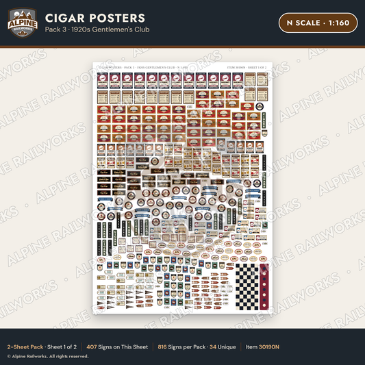 Alpine Railworks 30190N N Scale Cigar Posters - 1920s Gentlemen's Club