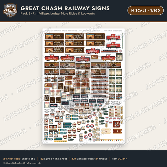 Alpine Railworks 30724N N Scale Tourist Signs - Canyon Railway - Lodge