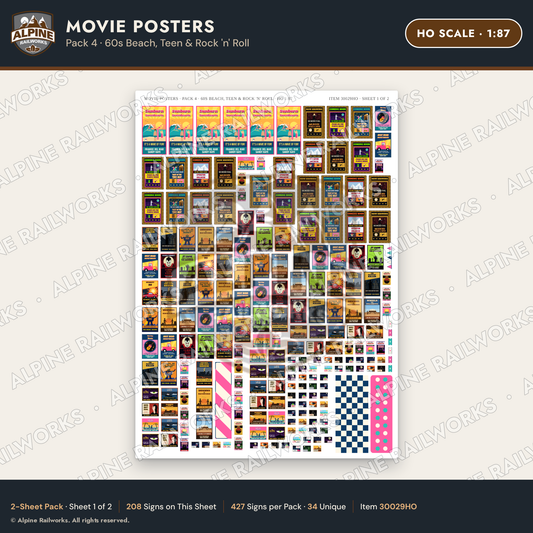Alpine Railworks 30029HO HO Scale Movie Posters - 60s Beach & Teen