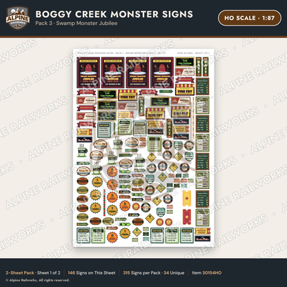 Alpine Railworks 30154HO HO Scale Boggy Creek Monster Signs