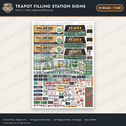 Alpine Railworks 30910N N Scale Roadside Signs - Teapot Gas Station
