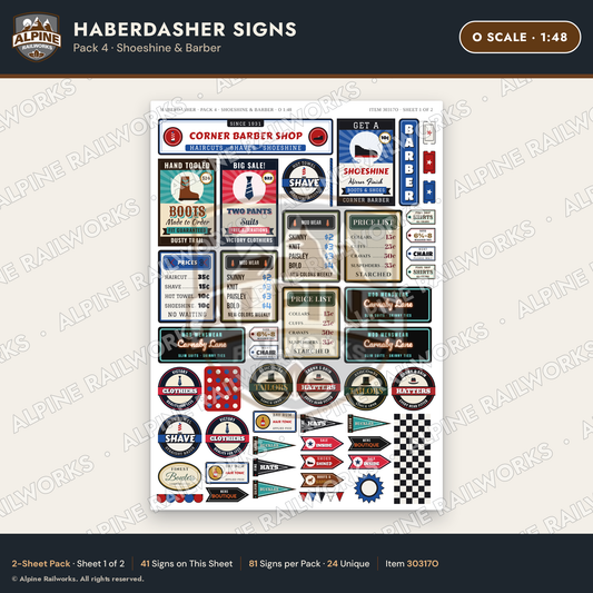 Alpine Railworks 30317O O Scale Haberdasher Signs - Shoeshine & Barber