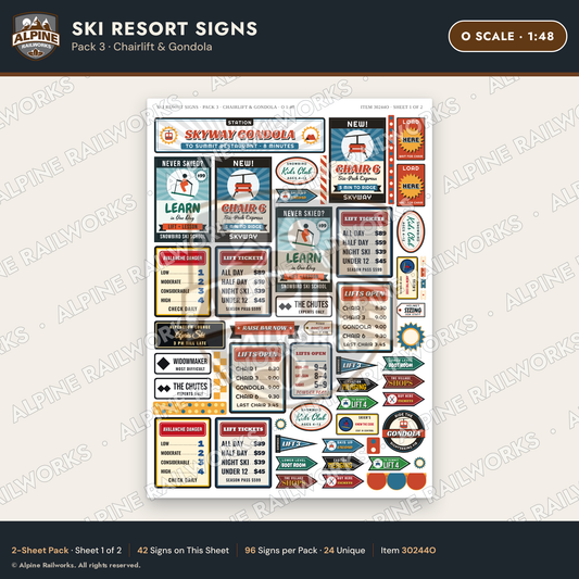 Alpine Railworks 30244O O Scale Ski Resort Signs - Chairlift & Gondola