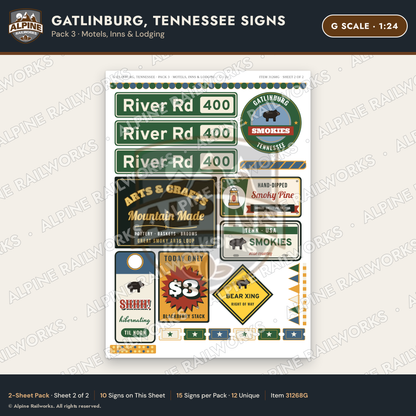 Alpine Railworks 31268G G Scale Gatlinburg TN Signs - Motels & Inns
