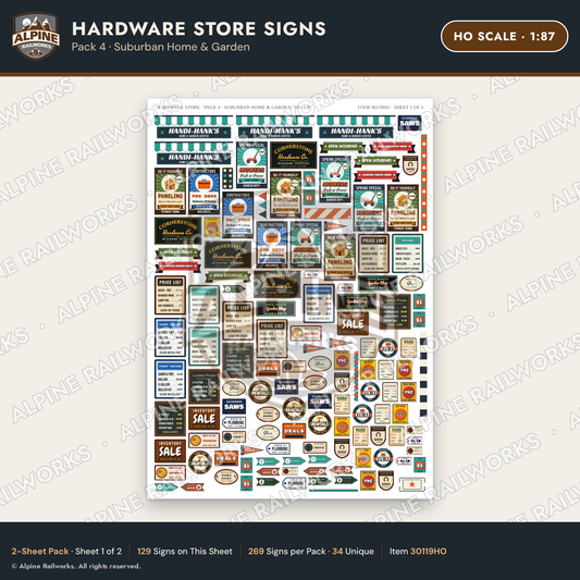 Alpine Railworks 30119HO HO Scale Hardware Store Signs - Suburban Home