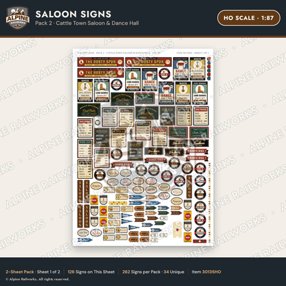 Alpine Railworks 30135HO HO Scale Saloon Signs - Cattle Town Saloon
