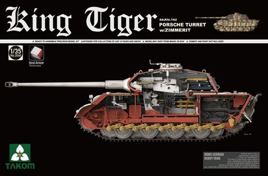 Takom 2046 1/35 WWII German King Tiger SdKfz 182 Porsche Turret Heavy Tank w/Zim