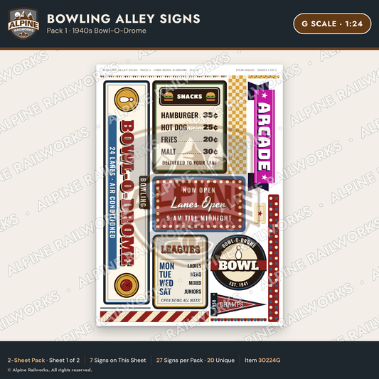 Alpine Railworks 30224G G Scale Bowling Alley Signs - Bowl-O-Drome