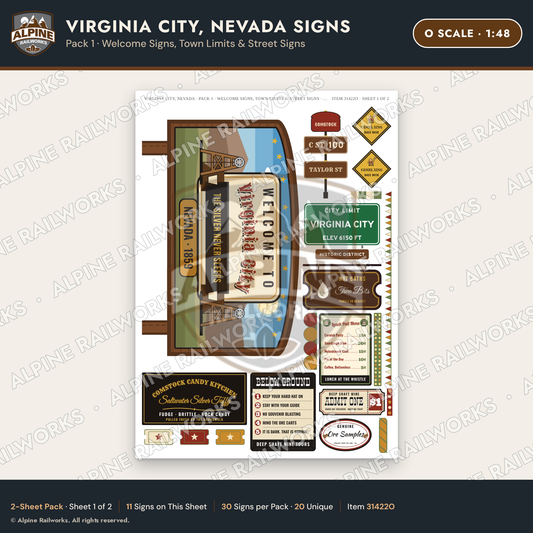 Alpine Railworks 31422O O Scale Virginia City NV Signs - Welcome Signs