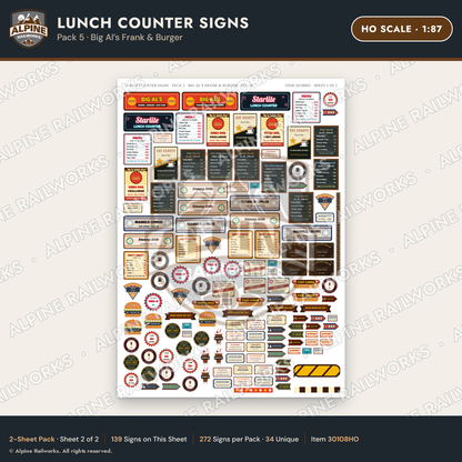 Alpine Railworks 30108HO HO Scale Lunch Counter Signs - Big Al's Frank