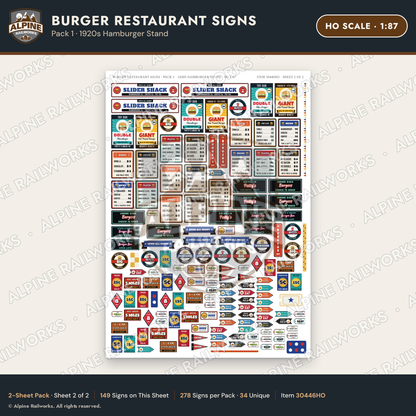 Alpine Railworks 30446HO HO Scale Burger Restaurant Signs