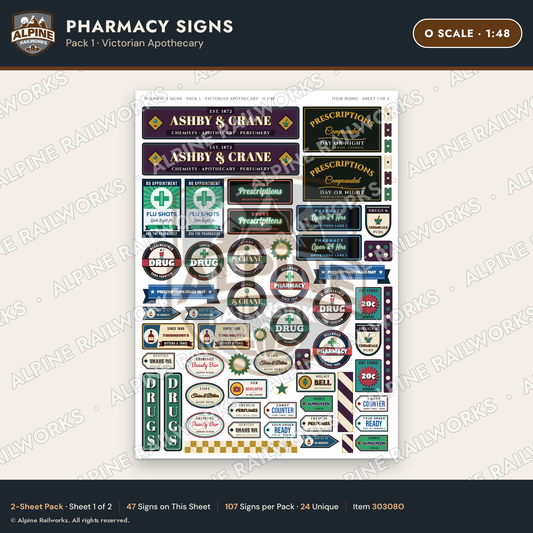 Alpine Railworks 30308O O Scale Pharmacy Signs - Victorian Apothecary
