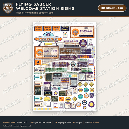 Alpine Railworks 31086HO HO Scale Roadside Signs - UFO Welcome Center