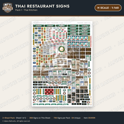 Alpine Railworks 30410N N Scale Thai Restaurant Signs - Thai Kitchen