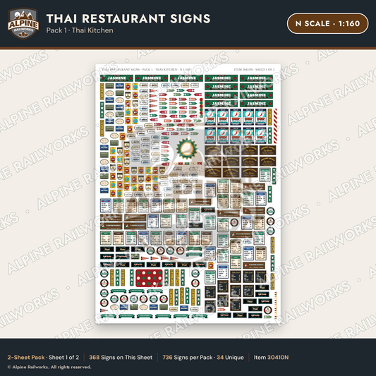 Alpine Railworks 30410N N Scale Thai Restaurant Signs - Thai Kitchen