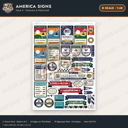 Alpine Railworks 30377O O Scale America Signs - Veterans & Memorial