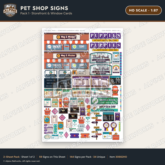 Alpine Railworks 30662HO HO Scale Pet Shop Signs - Storefront