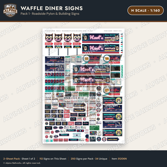 Alpine Railworks 31206N N Scale Waffle Diner Signs - Roadside Pylon