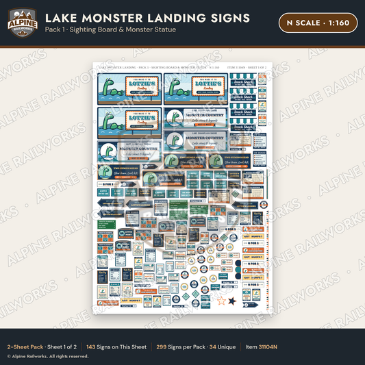 Alpine Railworks 31104N N Scale Roadside Signs - Lake Monster