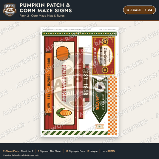 Alpine Railworks 31171G G Scale Farm Signs - Pumpkin Patch & Corn Maze