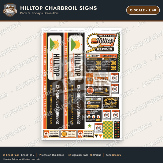 Alpine Railworks 30646O O Scale Fast Food Signs - Charbroiled Burgers