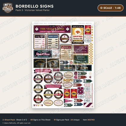 Alpine Railworks 30274O O Scale Bordello Signs