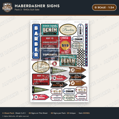 Alpine Railworks 30316G G Scale Haberdasher Signs - 1940s Suit Sale