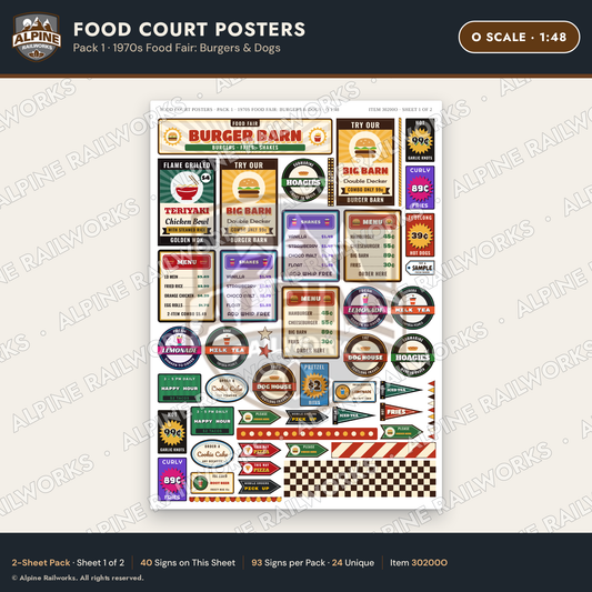 Alpine Railworks 30200O O Scale Food Court Posters - Burgers & Dogs