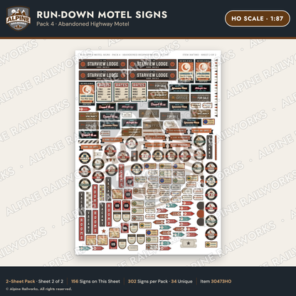 Alpine Railworks 30473HO HO Scale Run-Down Motel Signs