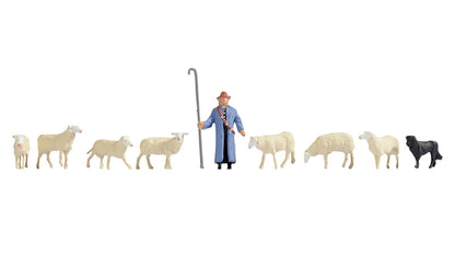 Noch 15748 HO Scale Sheep and Shepherd, 1 Shepherd, Dog, 7 Sheep