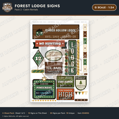 Alpine Railworks 30465G G Scale Forest Lodge Signs - Cabin Rentals