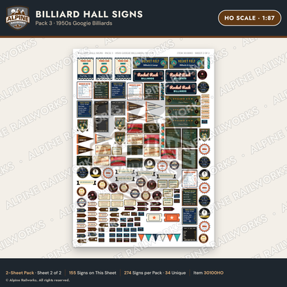 Alpine Railworks 30100HO HO Scale Billiard Hall Signs