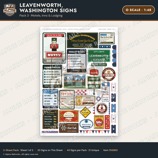Alpine Railworks 31436O O Scale Leavenworth WA Signs - Motels & Inns