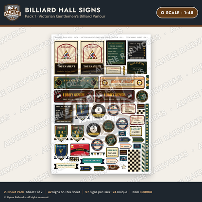Alpine Railworks 30098O O Scale Billiard Hall Signs