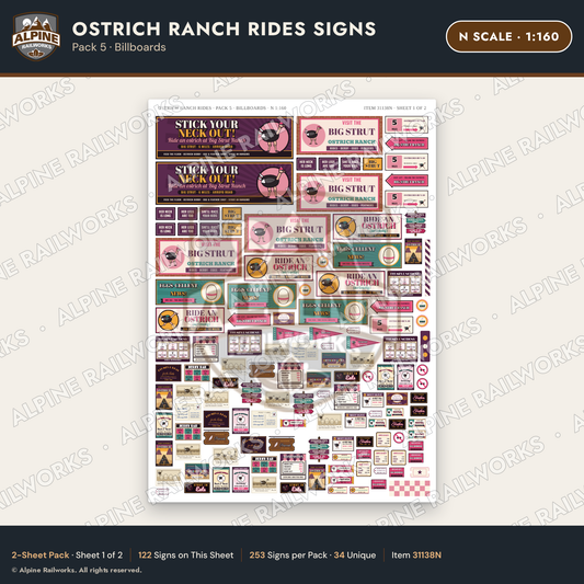 Alpine Railworks 31138N N Scale Roadside Signs - Ostrich Farm