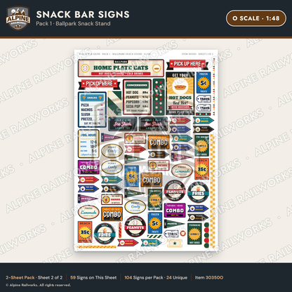 Alpine Railworks 30350O O Scale Snack Bar Signs - Ballpark Snack Stand