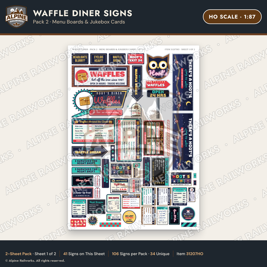 Alpine Railworks 31207HO HO Scale Waffle Diner Signs - Menu Boards