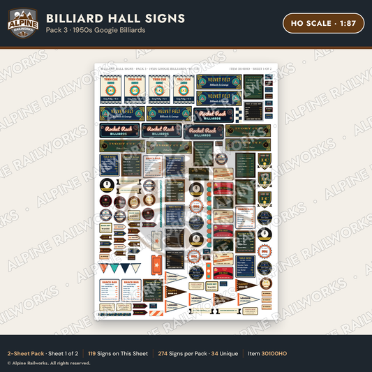 Alpine Railworks 30100HO HO Scale Billiard Hall Signs