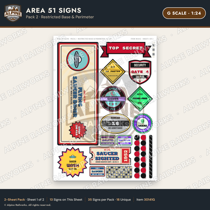Alpine Railworks 30141G G Scale Area 51 Signs - Restricted Base