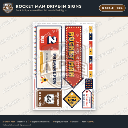 Alpine Railworks 30960G G Scale Roadside Signs - Spaceman Drive-In