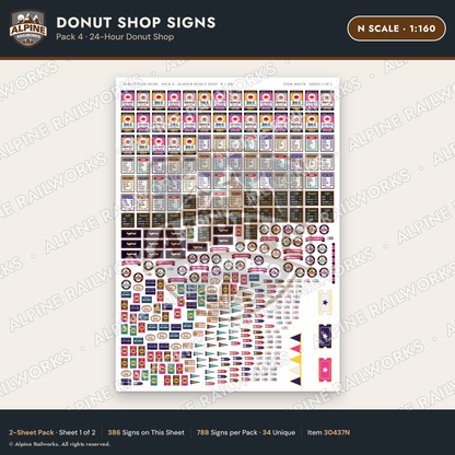 Alpine Railworks 30437N N Scale Donut Shop Signs - 24-Hour Donut Shop