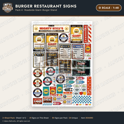 Alpine Railworks 30449O O Scale Burger Restaurant Signs