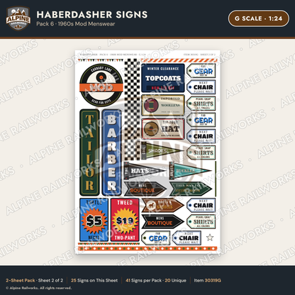 Alpine Railworks 30319G G Scale Haberdasher Signs - 1960s Mod Menswear