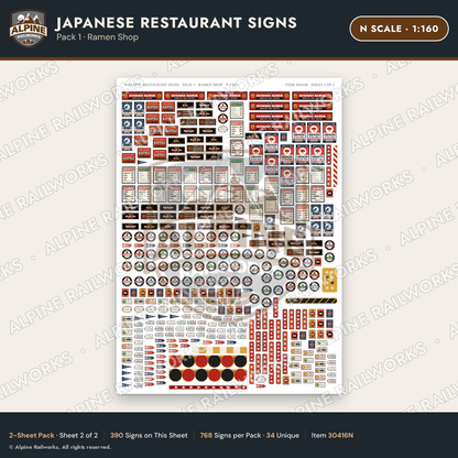 Alpine Railworks 30416N N Scale Japanese Restaurant Signs - Ramen Shop